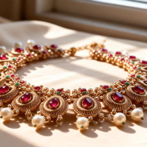 Traditional Gold Tone Ruby & Pearl Statement Necklace Set for Women with Elegant Pearl Drops and Red Teardrop Stones