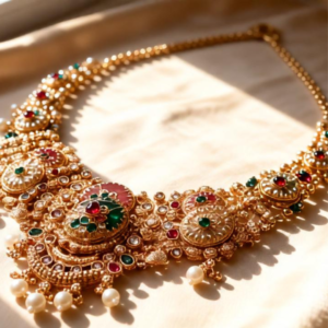 Royal Kundan Pearl Multi-Layer Necklace Set for Women with Green Stones and Matching Earrings