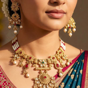 Traditional Floral Kundan Pearl Necklace Set for Women with Ruby Stones and Matching Earrings