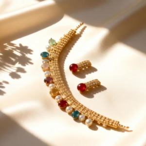 Silver Crystal Choker Necklace Set with Multicolor Stones and Matching Earrings for Women