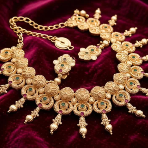 Traditional Antique Gold Plated Temple Necklace Set with Matching Earrings for Women