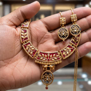 Designer Antique Gold Plated Meenakari Necklace Set with Matching Earrings for Women