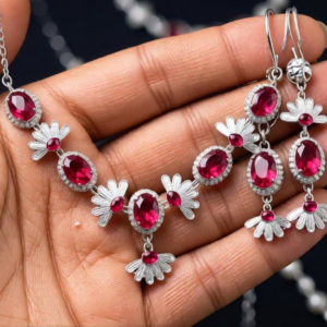 Ruby Red Floral Crystal Necklace Set with Matching Earrings for Women