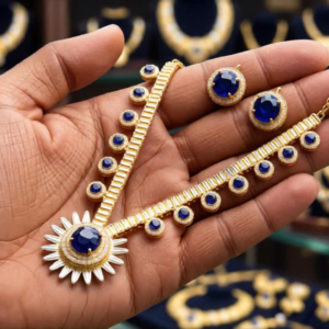 Blue Stone Gold-Plated Necklace Set for Women with Matching Earrings
